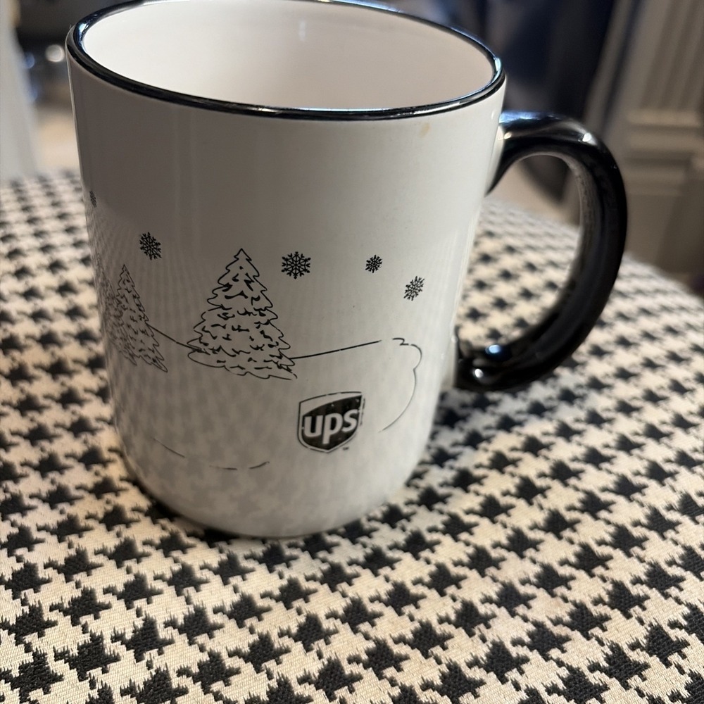 Rare Advertising Promo Coffee Tea Cup Mug - UPS Holiday Winter Black White Tree